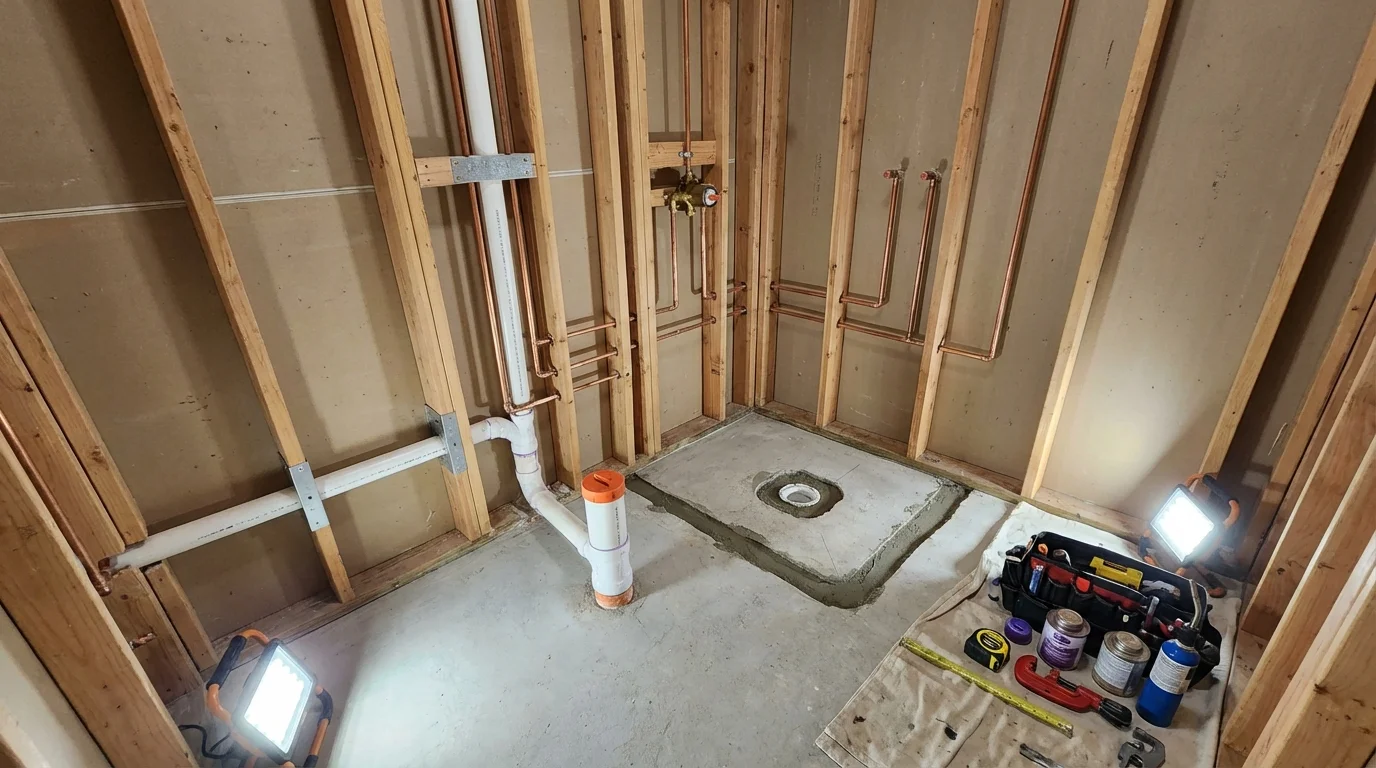 Bathroom rough-in plumbing during remodel by Johns Plumbing LLC in Wayne City