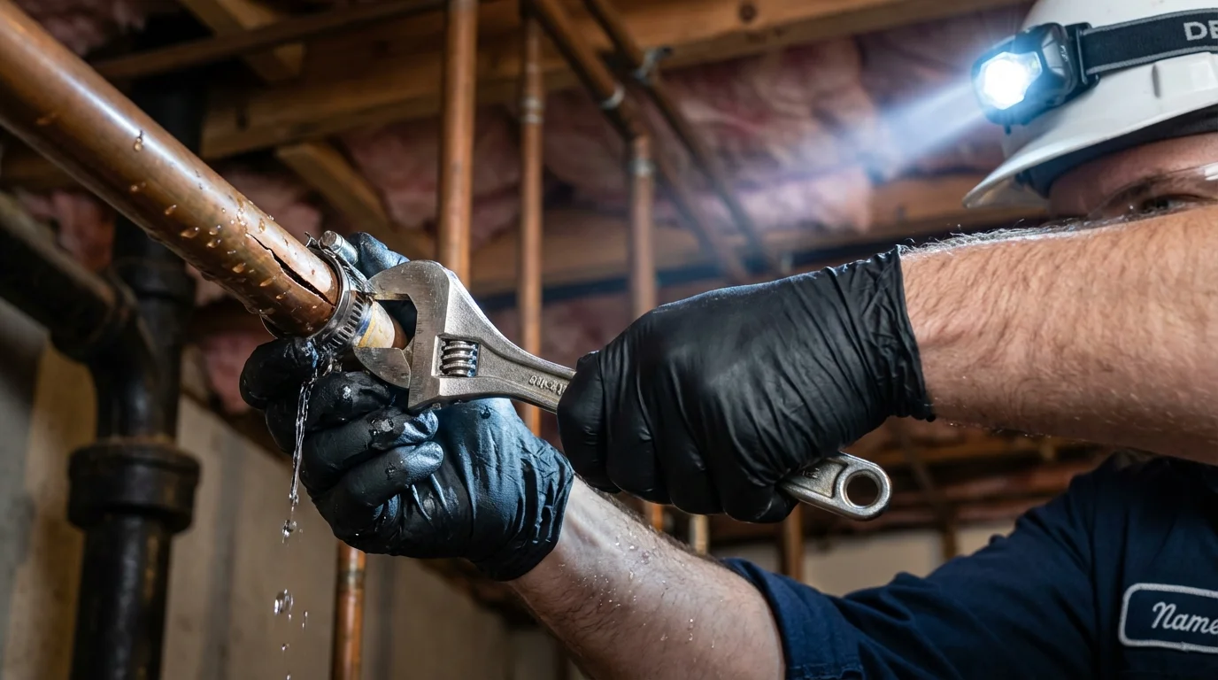 Emergency pipe clamp repair being performed by a Johns Plumbing LLC plumber in Wayne City