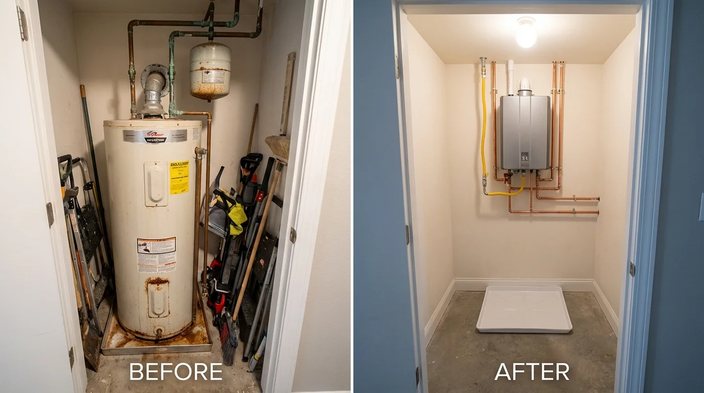 Tank water heater versus wall-mounted tankless unit comparison for Wayne City, IL homeowners