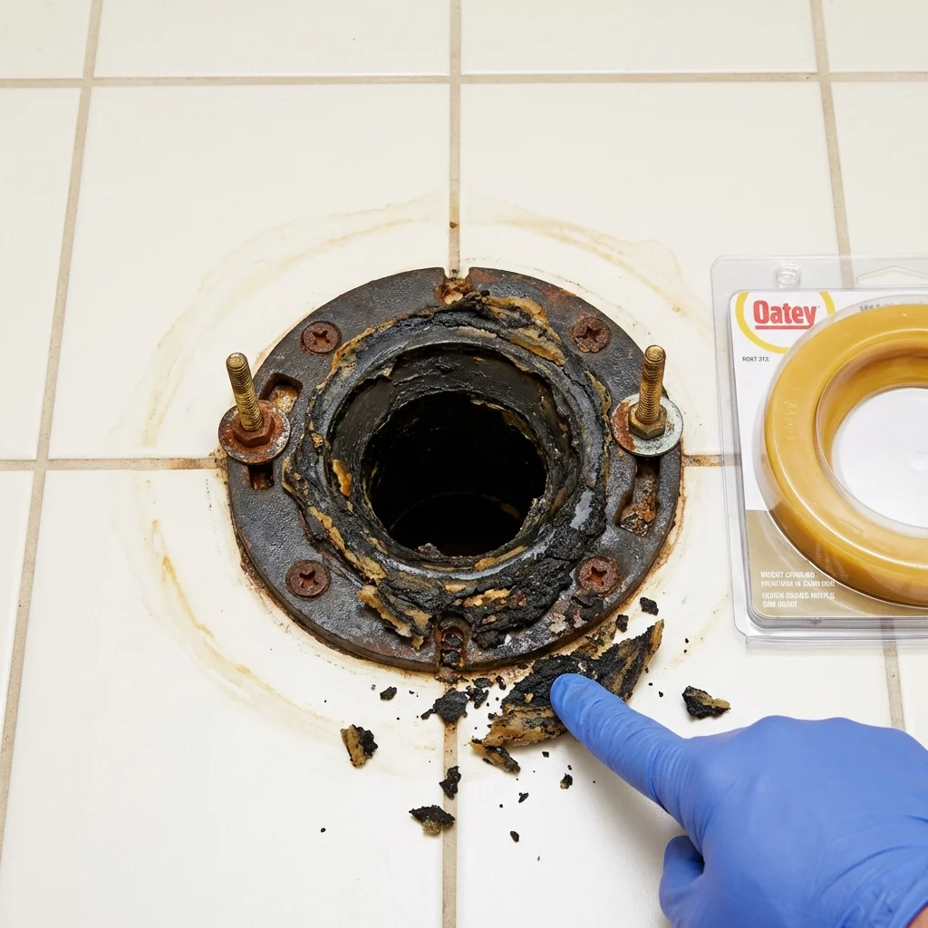 Failed wax ring showing water seepage at the base of a toilet in a Wayne City, IL home