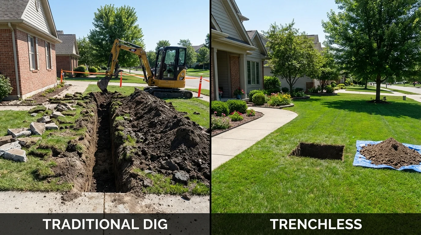 Trenchless sewer repair with minimal yard damage versus traditional excavation in Wayne City, IL
