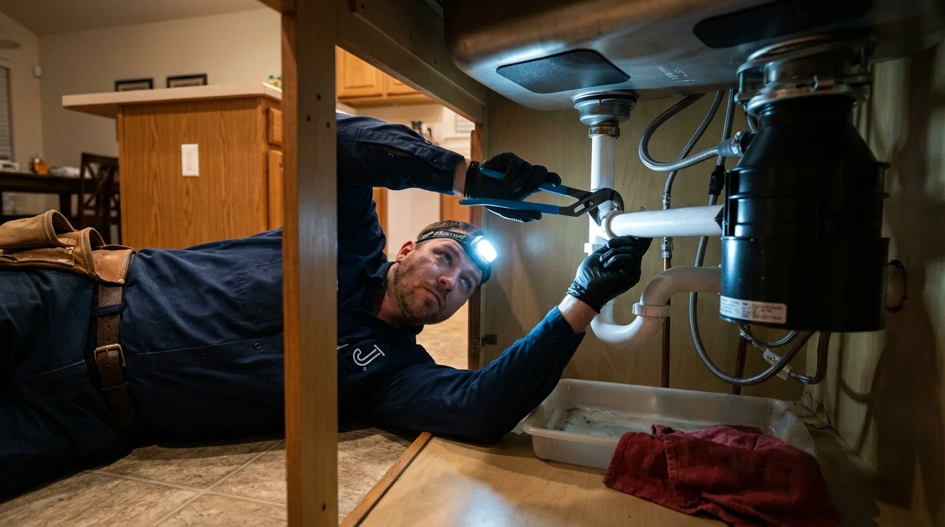 P-trap and supply line connections under a kitchen sink showing a common leak point in Wayne City, IL